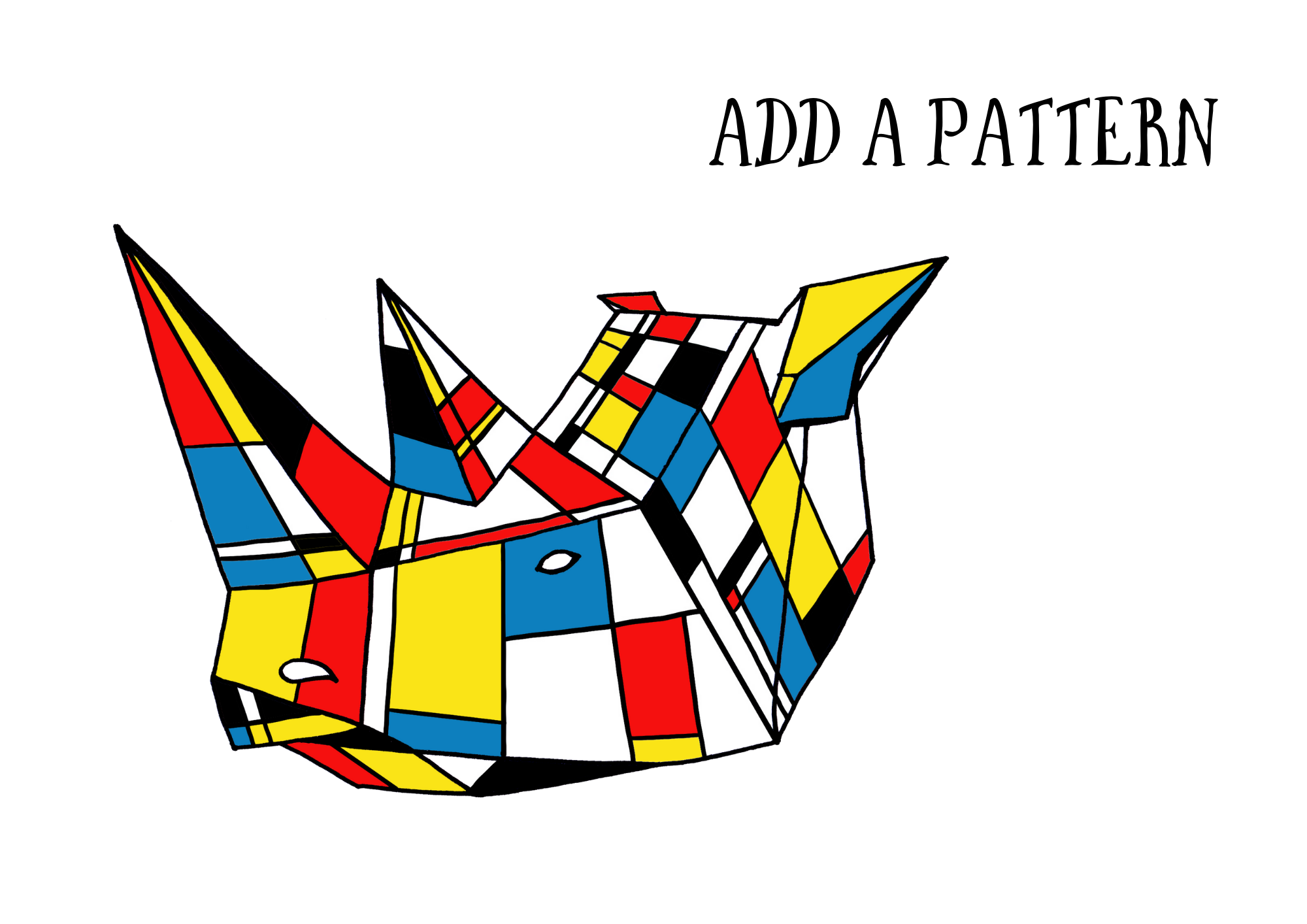 Illustration of a highly colourful, patterned rhino head, drawn to look like the 3D rhino masks. Text above it reads 'add a pattern'.
