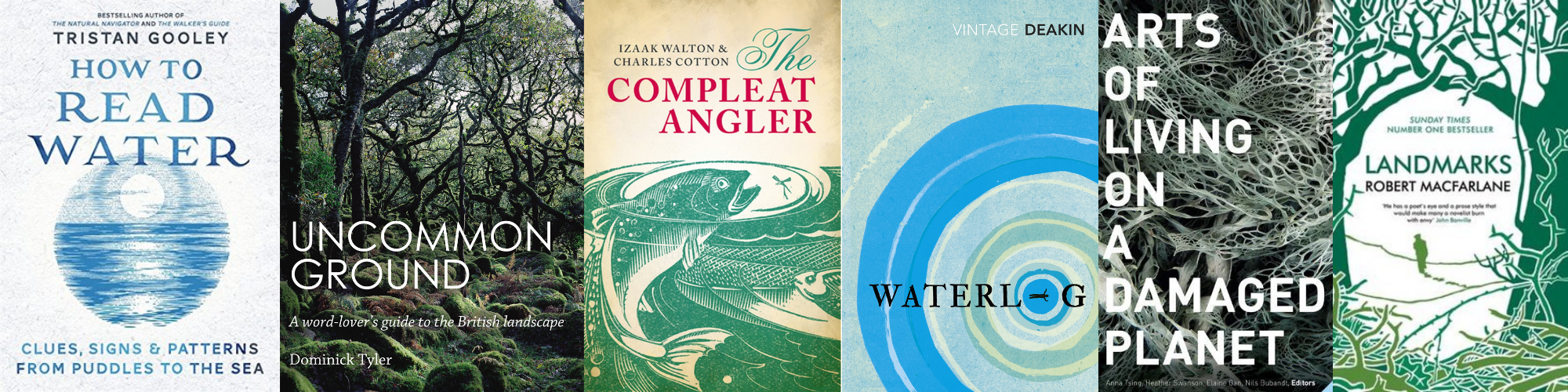Six book covers. They are for the following books, which are detailed in the page below the image, among others: 'How To Read Water', 'Uncommon Ground', 'The Compleat Angler', 'Waterlog', 'Arts Of Living On A Damaged Planet', and 'Landmarks'.